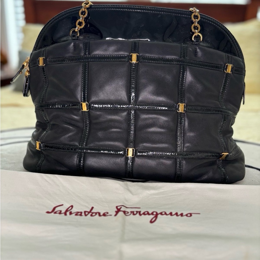 Salvatore Ferragamo quilted patent lambskin leather bag. 100% Authentic